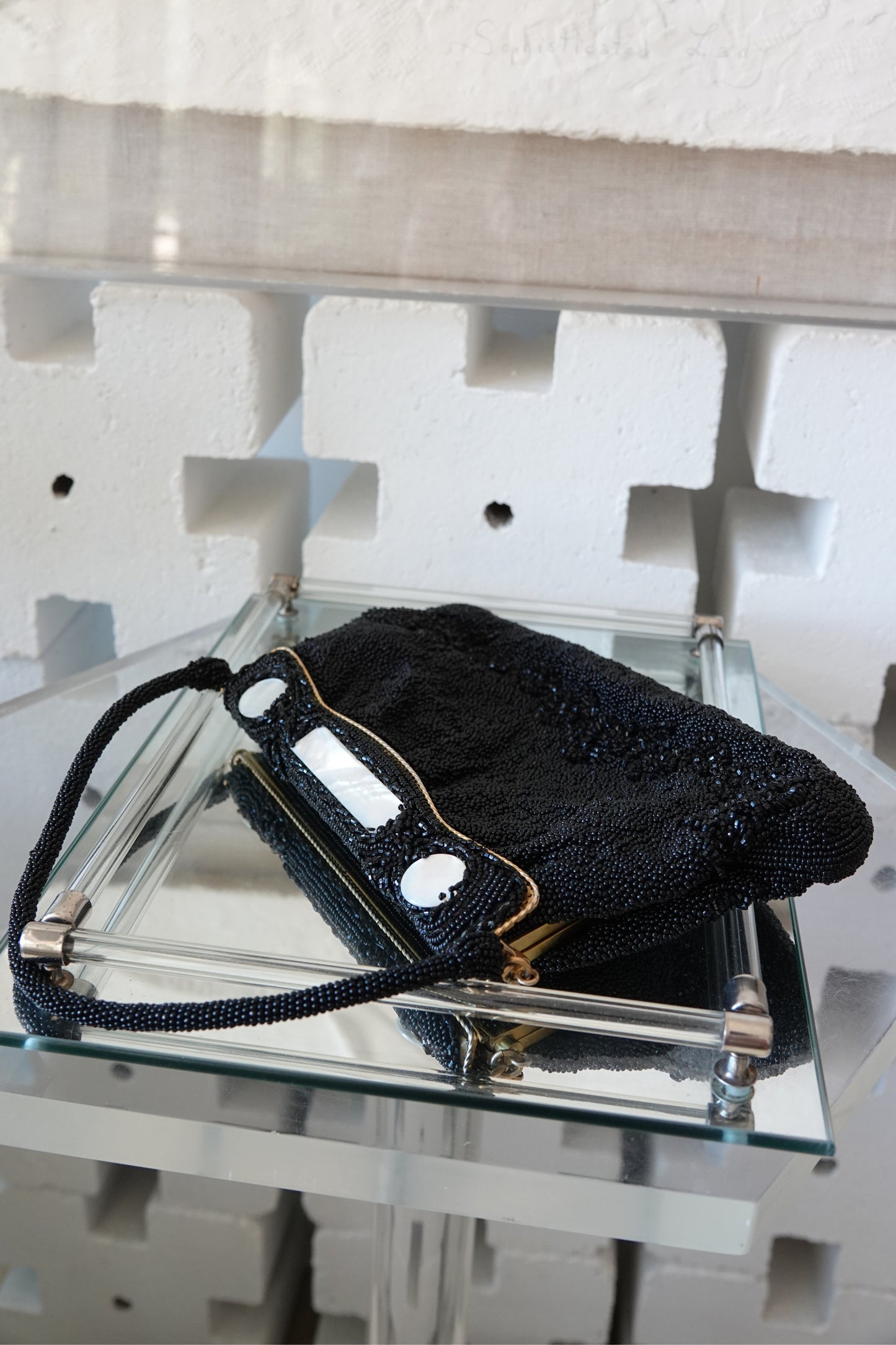 Vintage 1950s Black Seed Bead Evening Bag, Mother-of-Pearl Frame