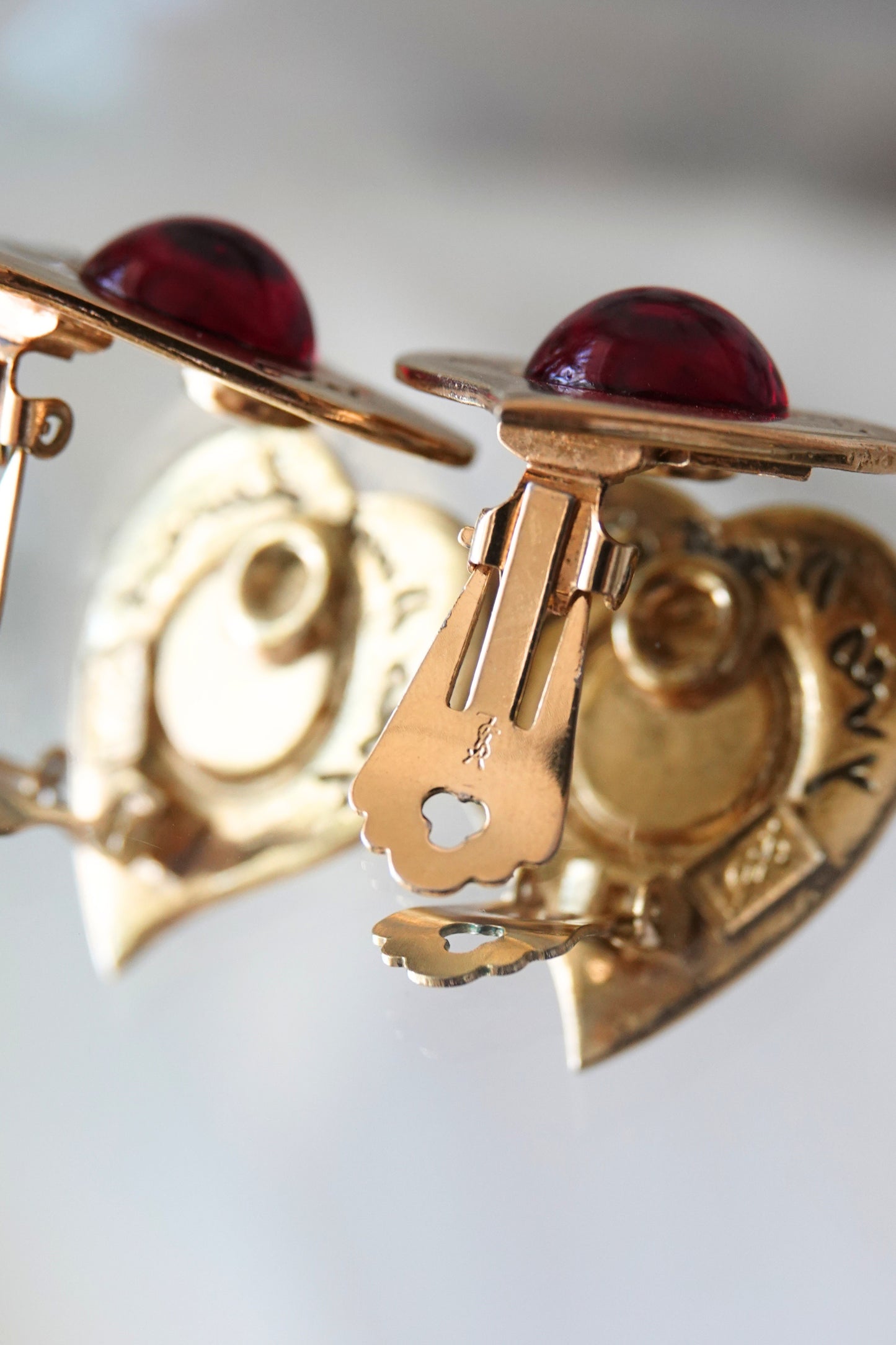 Vintage 1980s Gold-Tone Heart Clip-On Earrings with Red Cabochon