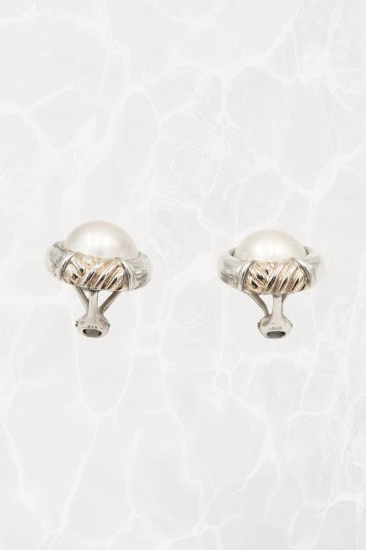 Vintage Mixed Metal Silver & Gold Mabe Pearl Clip Earrings 90s