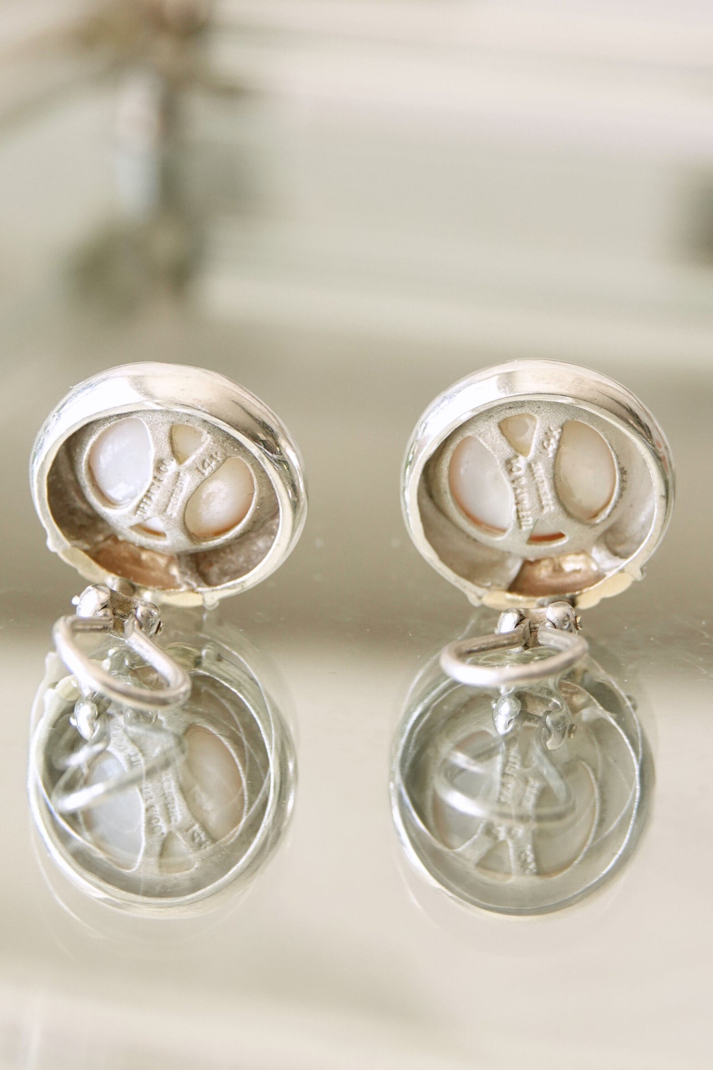 Vintage Mixed Metal Silver & Gold Mabe Pearl Clip Earrings 90s