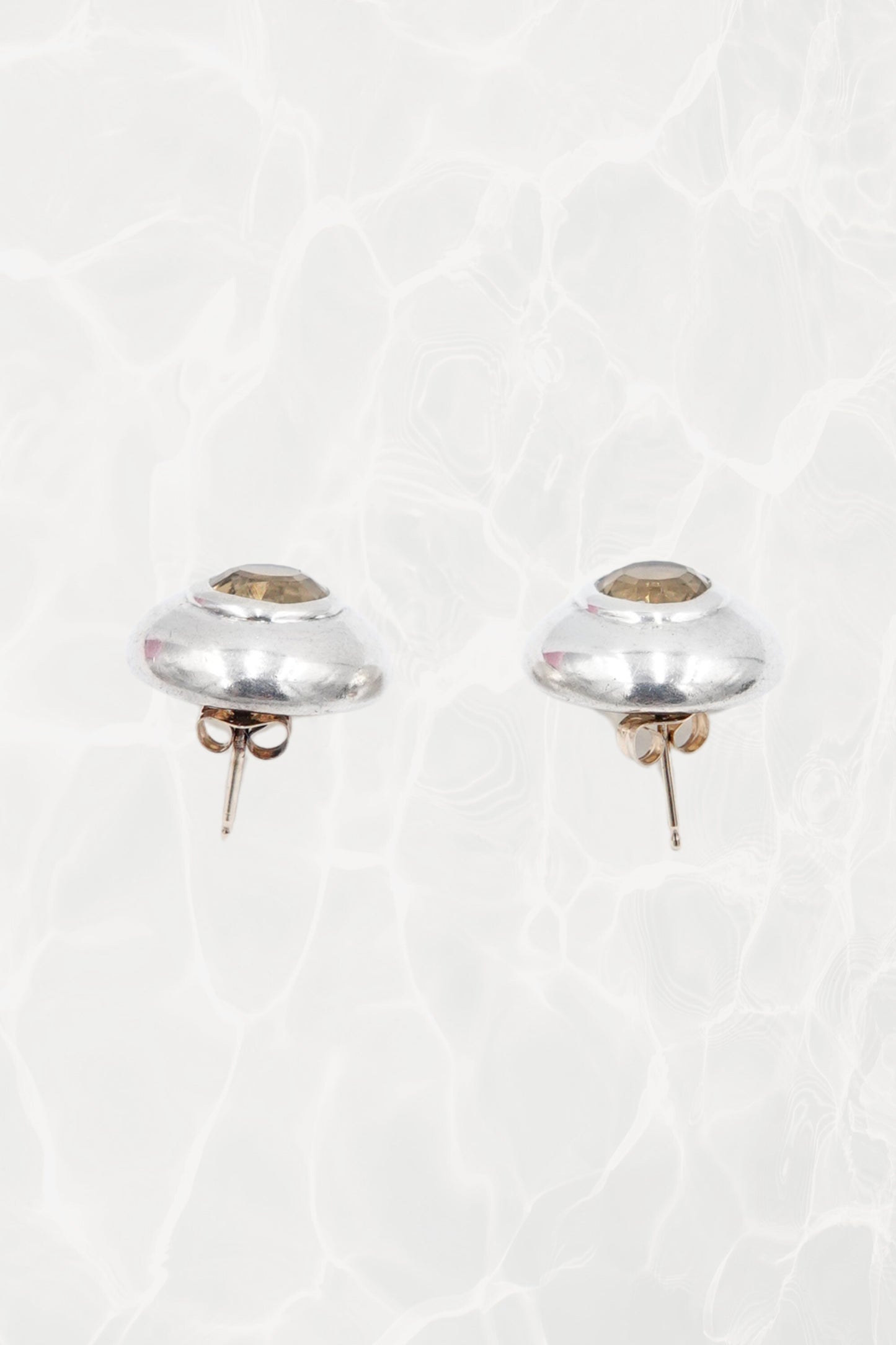 Vintage Minimalist Sterling Silver Citrine Stud Earrings Bezel Set Dome Circa 90s - 00s