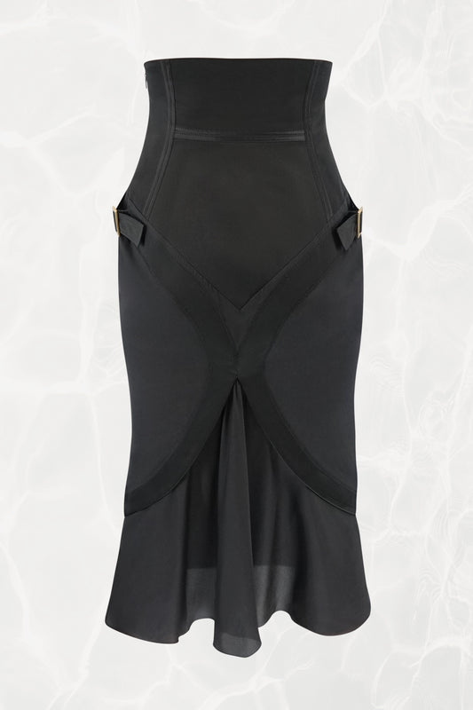 Tom Ford for Gucci FW03 black silk skirt alternate view: crossover wrap-front hem detail, gold-tone hardware side strap buckles, flared bias-cut hem with soft release, Fall 2003