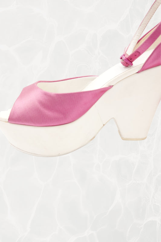 Phoebe Philo Era Pink Satin Chunky Platform Sandals with Ankle Strap