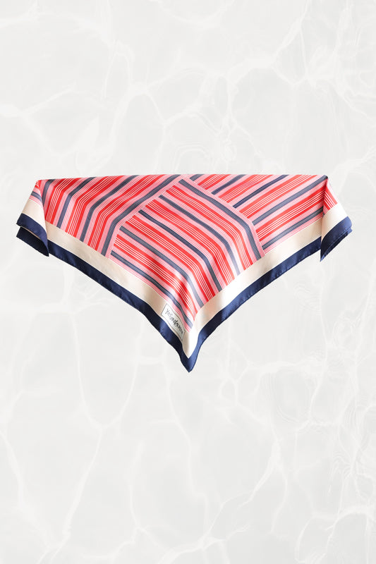 Late 1970s early 1980s YSL Yves Saint Laurent silk scarf: close-up of the bold geometric stripe pattern showing multicolor stripe arrangement and fine silk texture