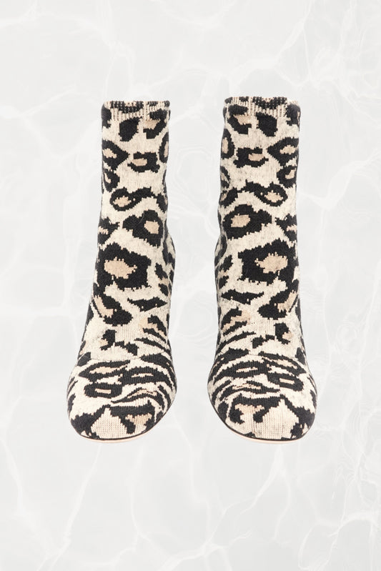 Leopard Print Jacquard Knit Ankle Sock Boots