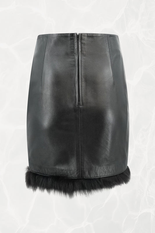 Vintage Black Lamb Leather Pencil Skirt with Fox Fur Trim