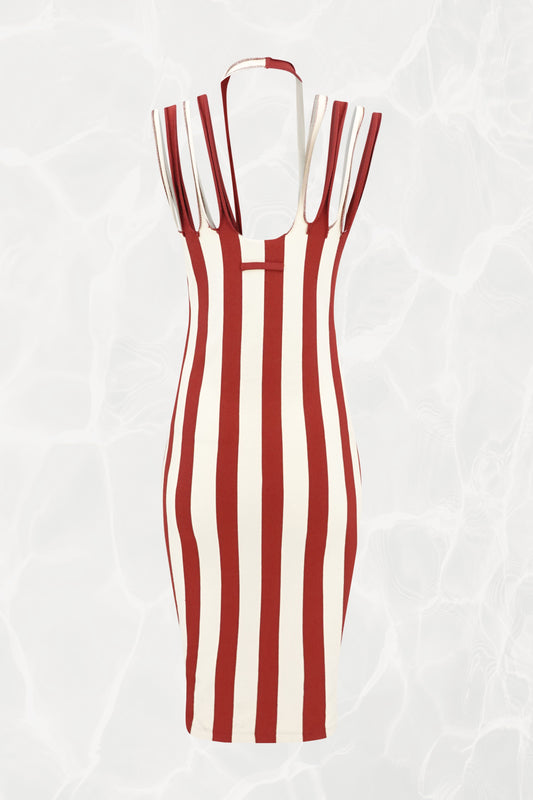 Jean Paul Gaultier Maille 1990s red and cream stripe bodycon midi dress, back view — Disco Palma