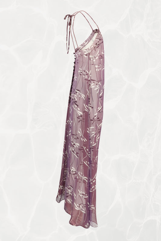 Chanel 98P dragonfly print maxi dress side view: full-length silhouette with visible CC fabric-covered buttons along back opening, mauve silk chiffon with dragonfly print, 1998