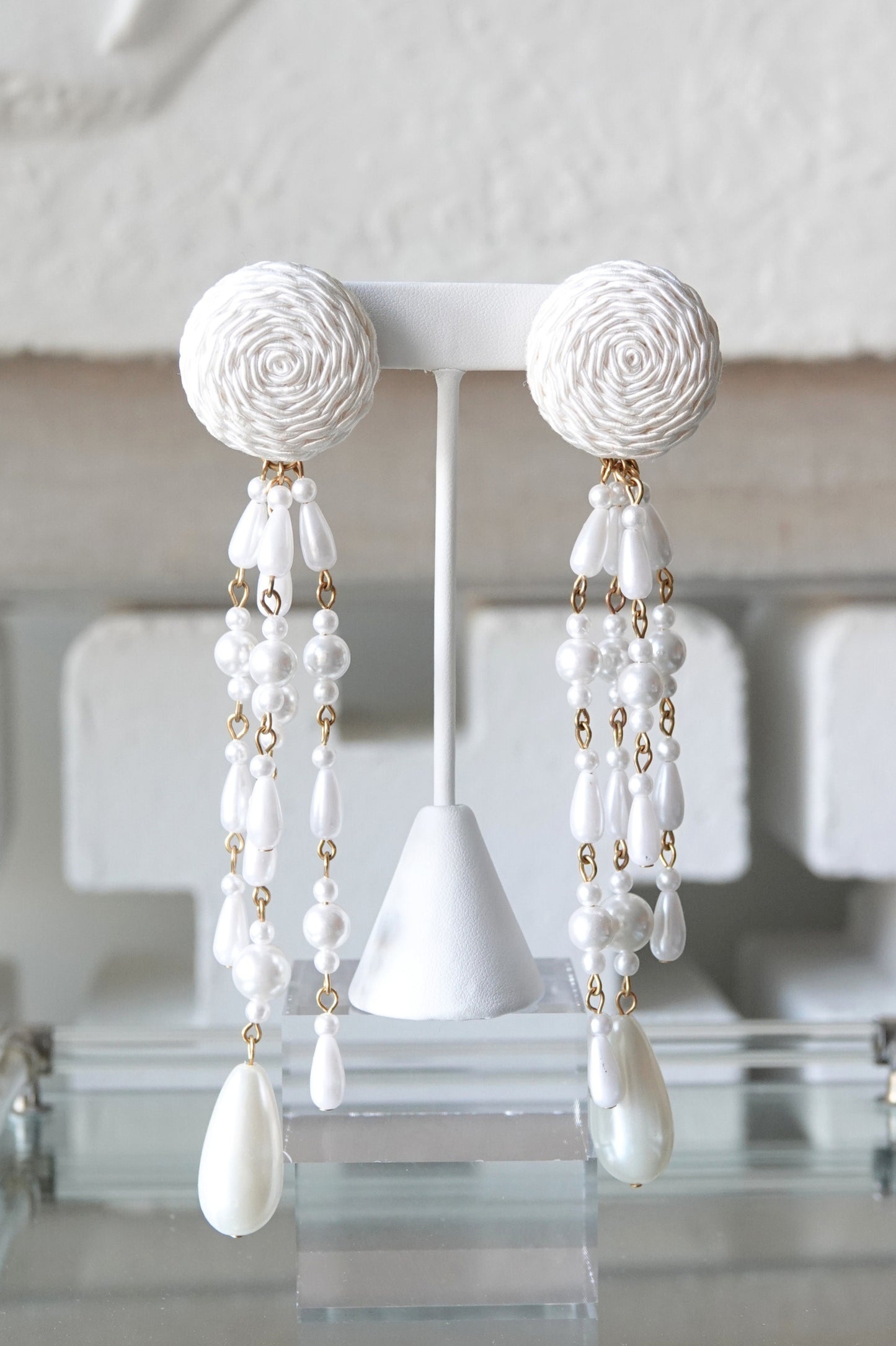 Vintage satin cord and faux pearl shoulder duster earrings, clip back closure detail — Disco Palma