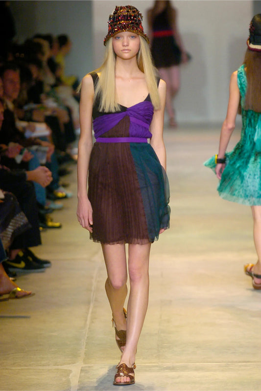 Vintage SS05 Pleated Draped Green & Purple Silk Chiffon Mini Dress
