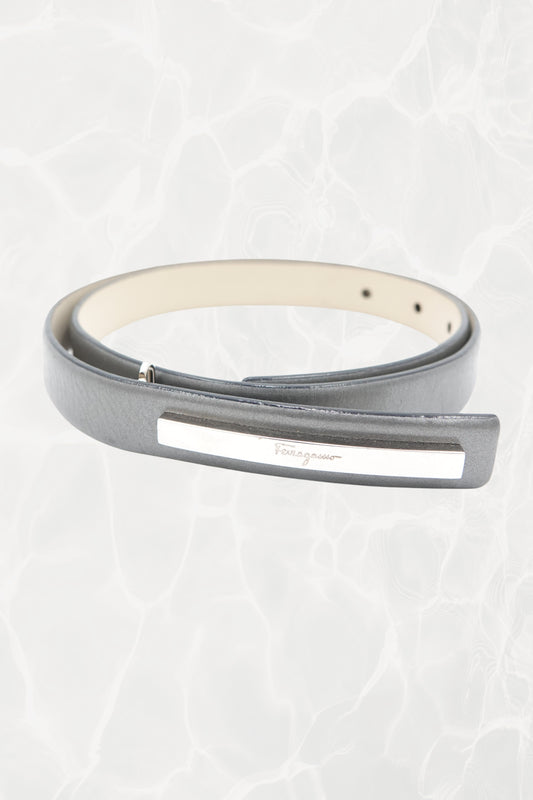 Pewter Leather Thin Belt with Silver Logo Plate