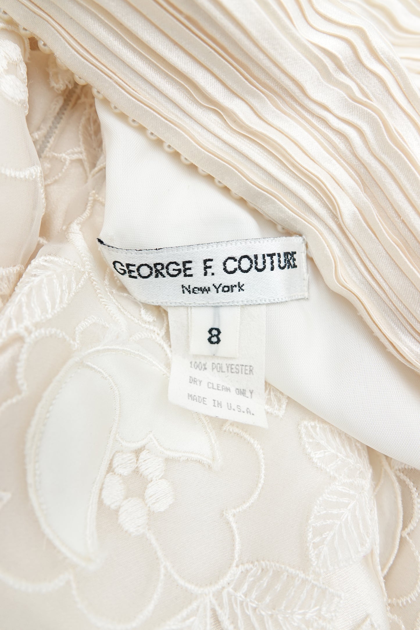 Late 1980s Ivory Fortuny-Pleat Organza Bridal Gown, Satin Appliqué
