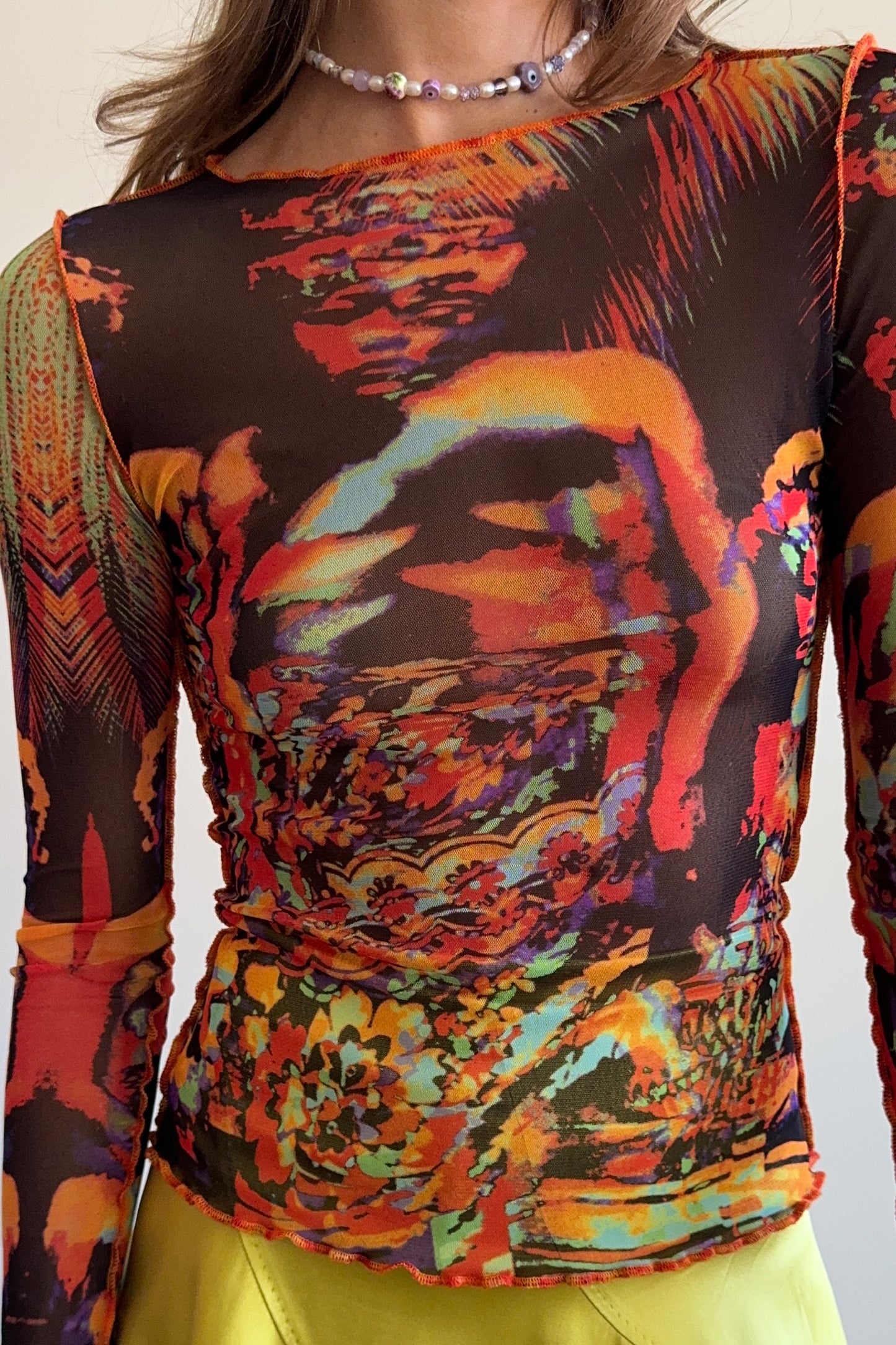 90's Psychedelic Face Print Mesh Top
