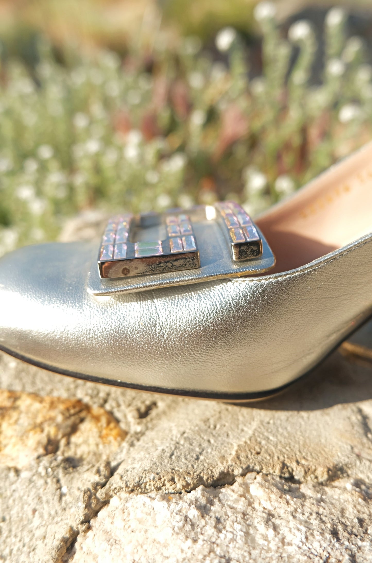 Logo Silver Metallic Leather Crystal Embellished Slingback Heels