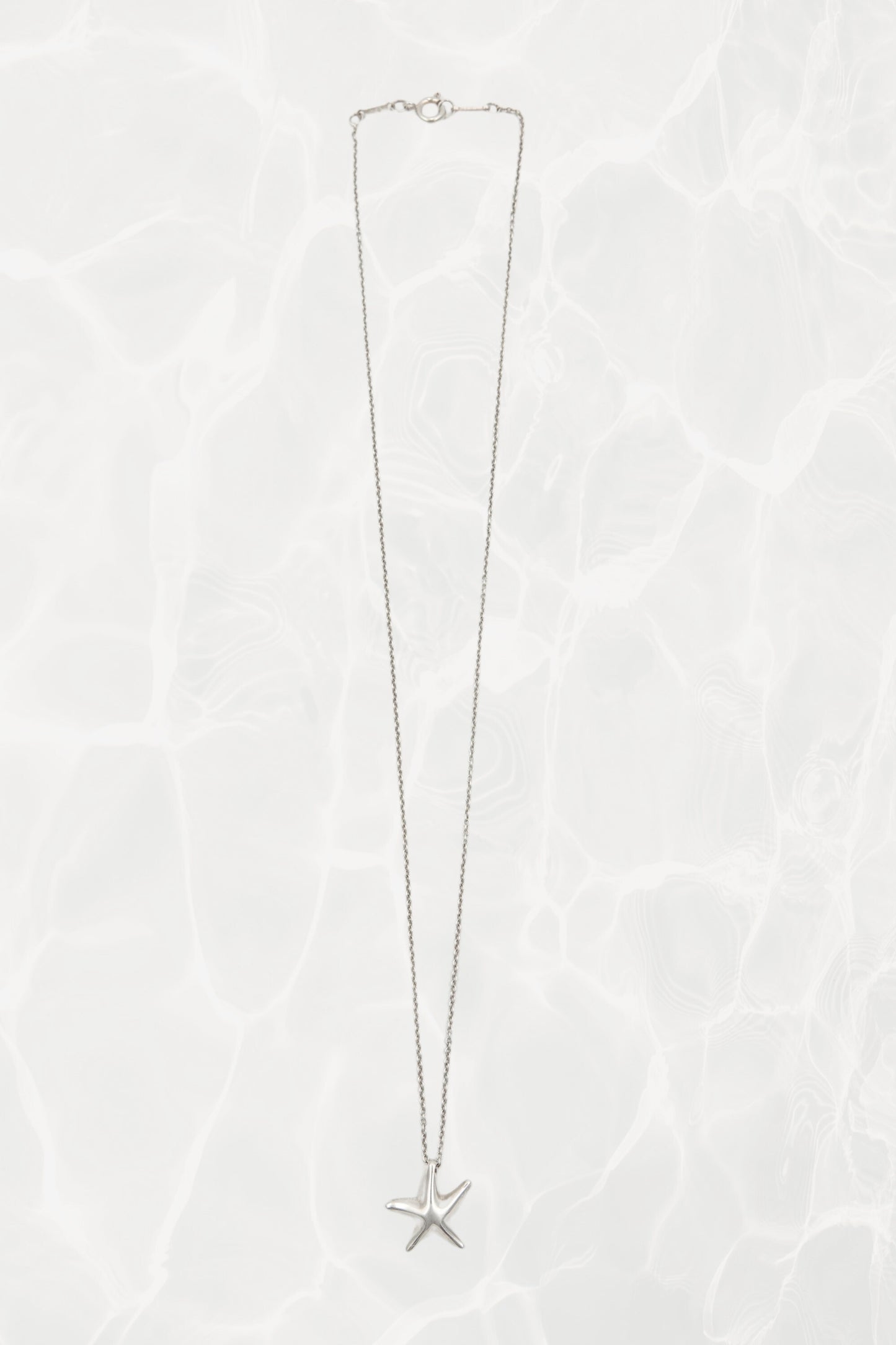 Elsa Peretti for Tiffany & Co. sterling silver starfish pendant necklace side view: profile of the organic starfish charm showing the sculptural three-dimensional form and chain attachment