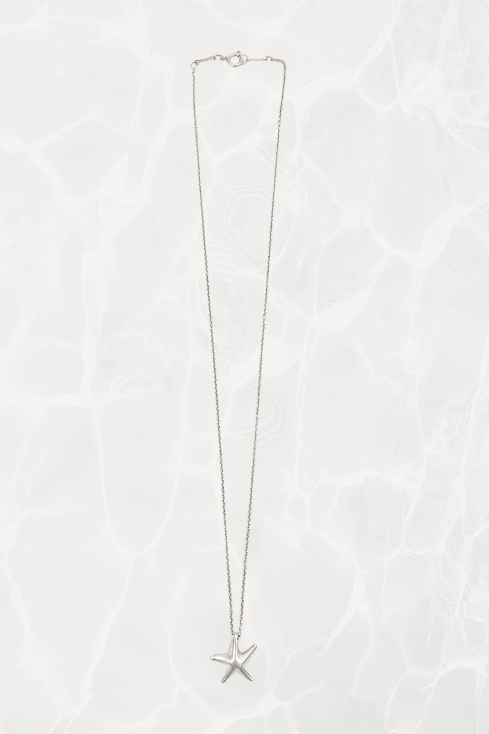 Elsa Peretti for Tiffany & Co. sterling silver starfish pendant necklace side view: profile of the organic starfish charm showing the sculptural three-dimensional form and chain attachment