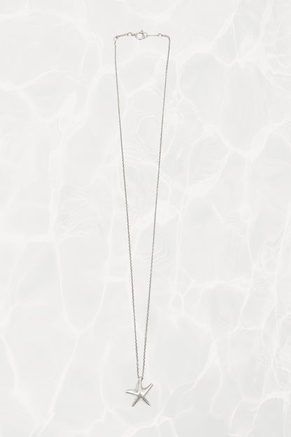 Elsa Peretti for Tiffany & Co. sterling silver starfish pendant necklace side view: profile of the organic starfish charm showing the sculptural three-dimensional form and chain attachment