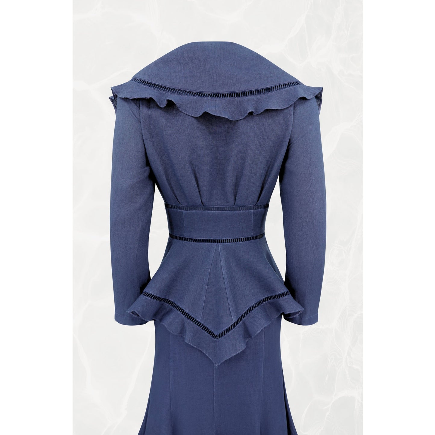 1990s Navy Linen Peplum Jacket and Skirt Set