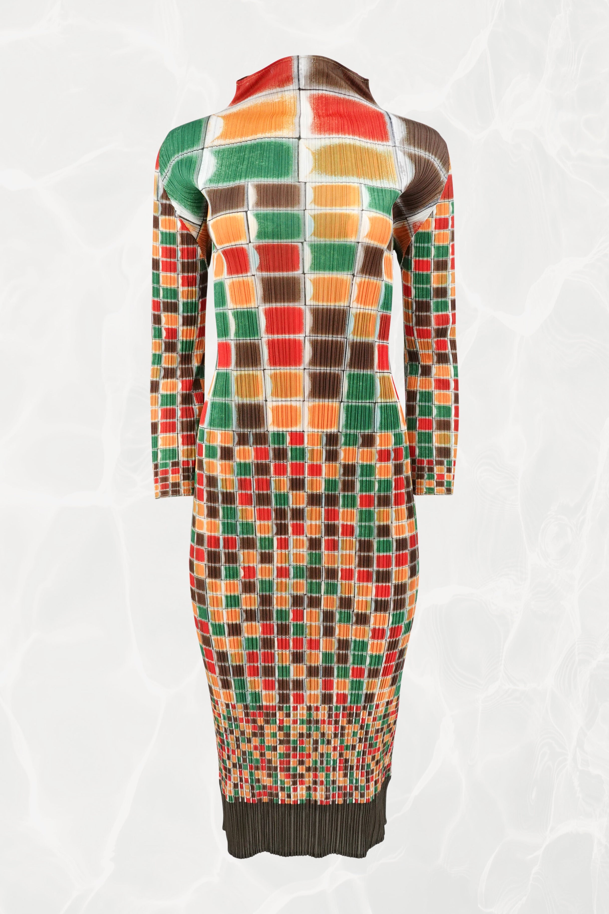 Miyakeページ SS94 Archival Pleats Please Sculptural Mosaic Print Midi Dress