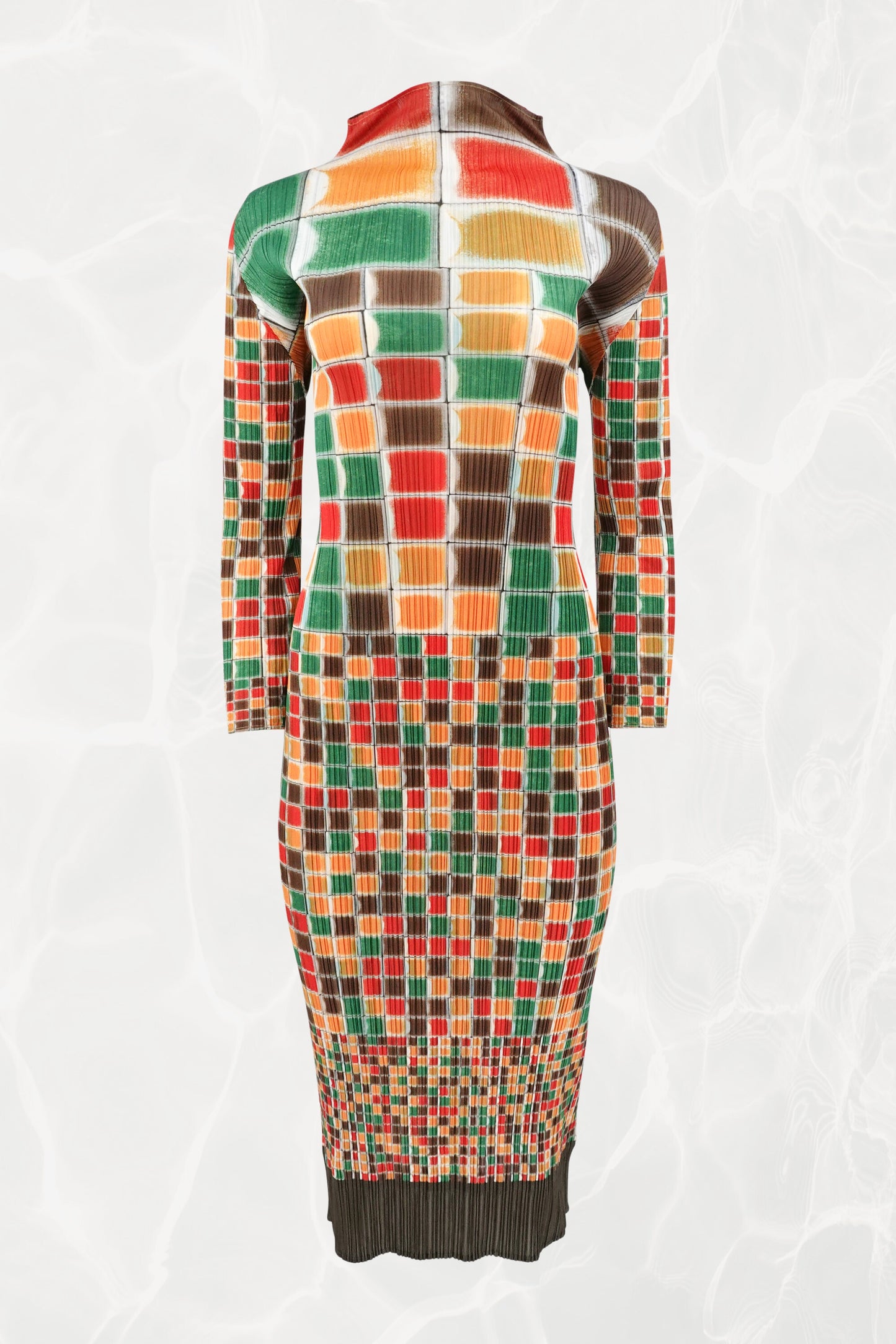 Pleats Please Issey Miyake SS94 sculptural mosaic print midi dress front view: full-length multicolor grid print in red, orange, green, and brown on pleated fabric, long sleeves, high neck, Spring/Summer 1994