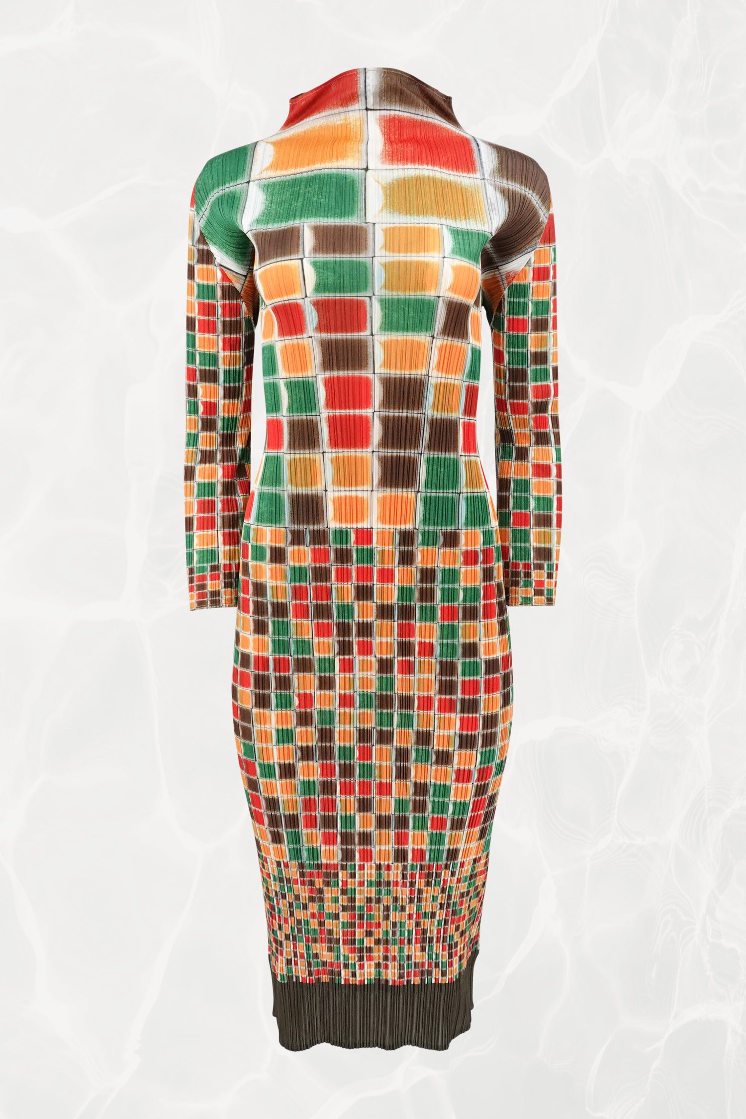 Pleats Please Issey Miyake SS94 sculptural mosaic print midi dress front view: full-length multicolor grid print in red, orange, green, and brown on pleated fabric, long sleeves, high neck, Spring/Summer 1994