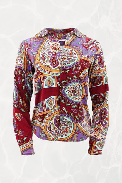 1999 Velvet Paisley Print Paneled Wrap Skirt & Blouse Set