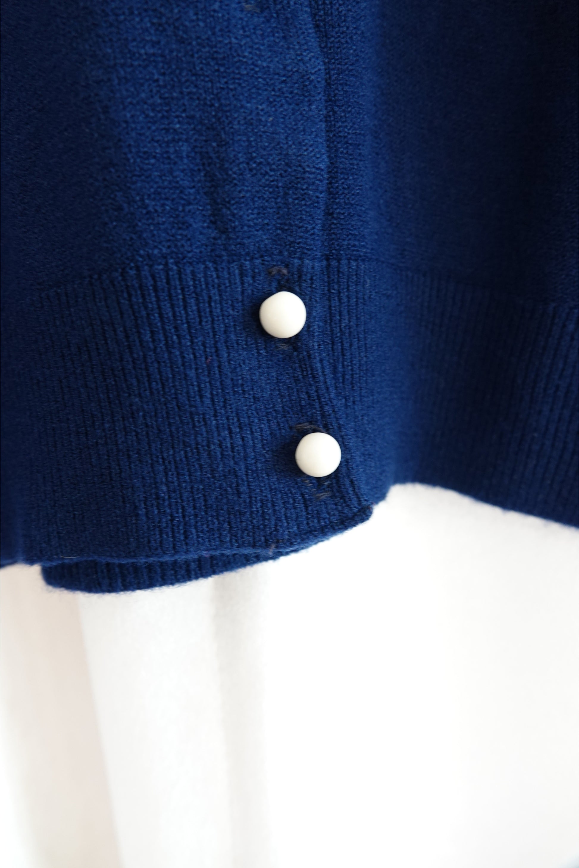Schiaparelli vintage navy cardigan, ribbed hem and button detail — Disco Palma