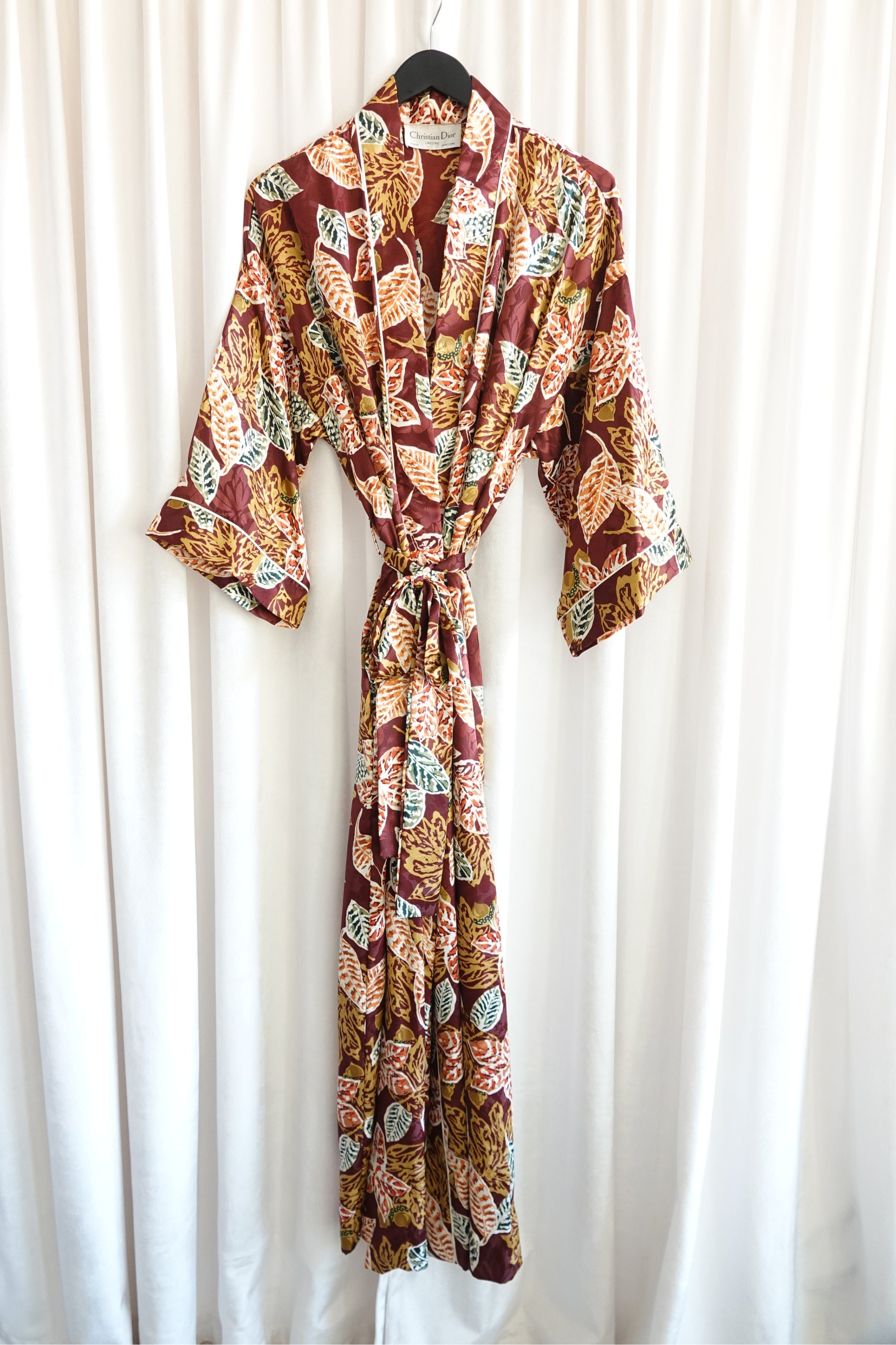 Christian Dior Lingerie autumn leaf print robe, front styled view — Disco Palma