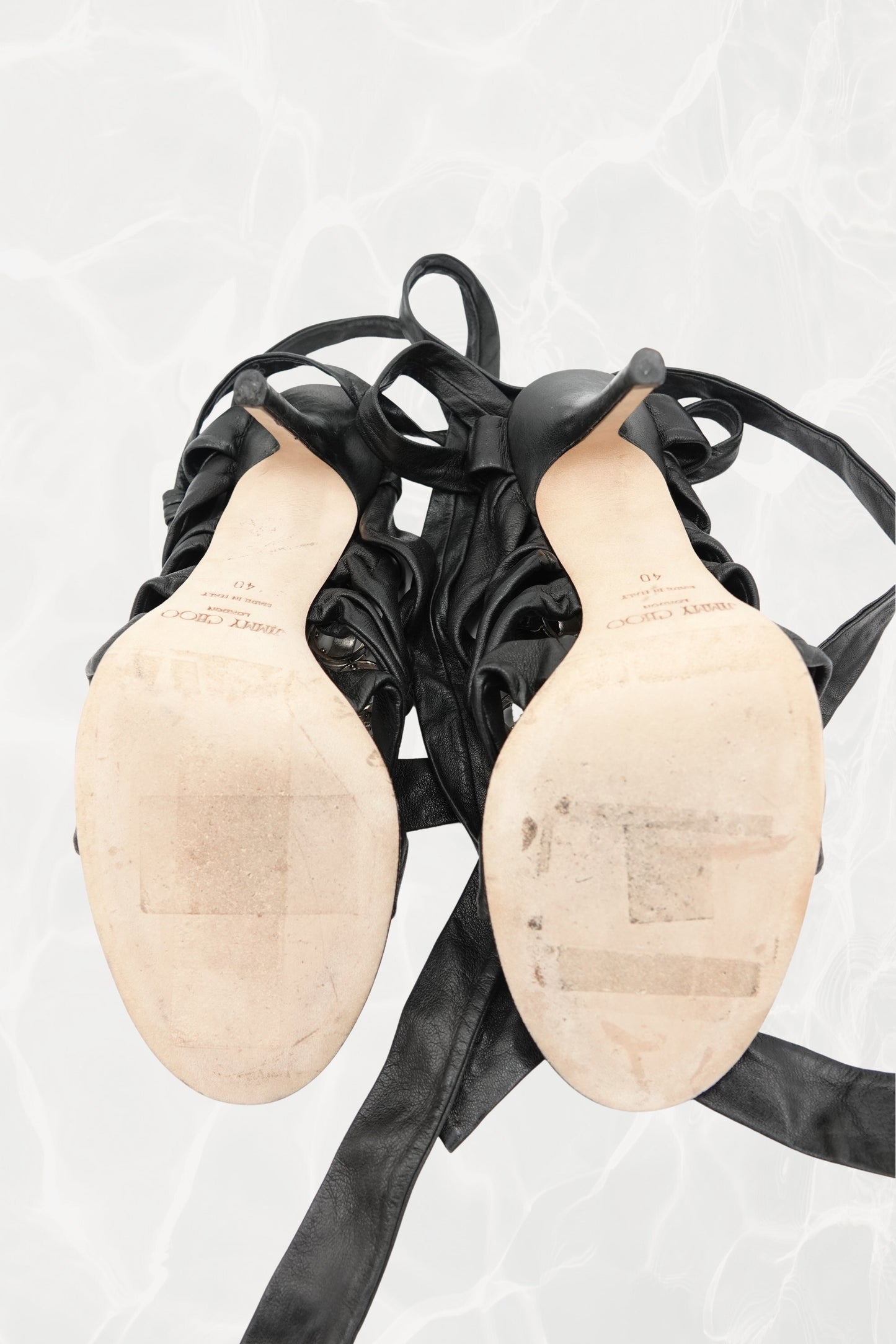 Crystal Marine Black Leather Ankle Wrap Sandals
