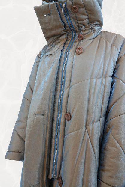 Fall 1993 Runway Iridescent Quilted Cocoon Coat with Hood