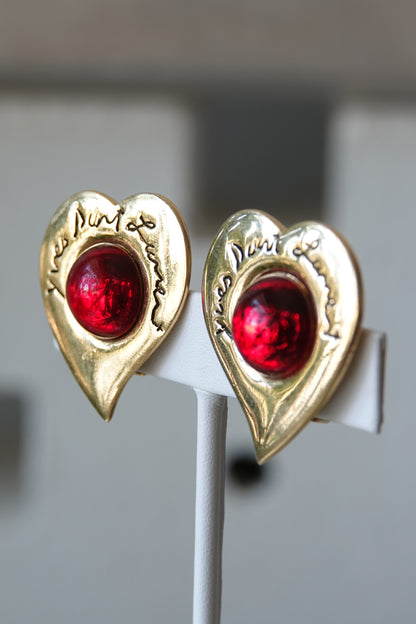 Vintage 1980s Gold-Tone Heart Clip-On Earrings with Red Cabochon