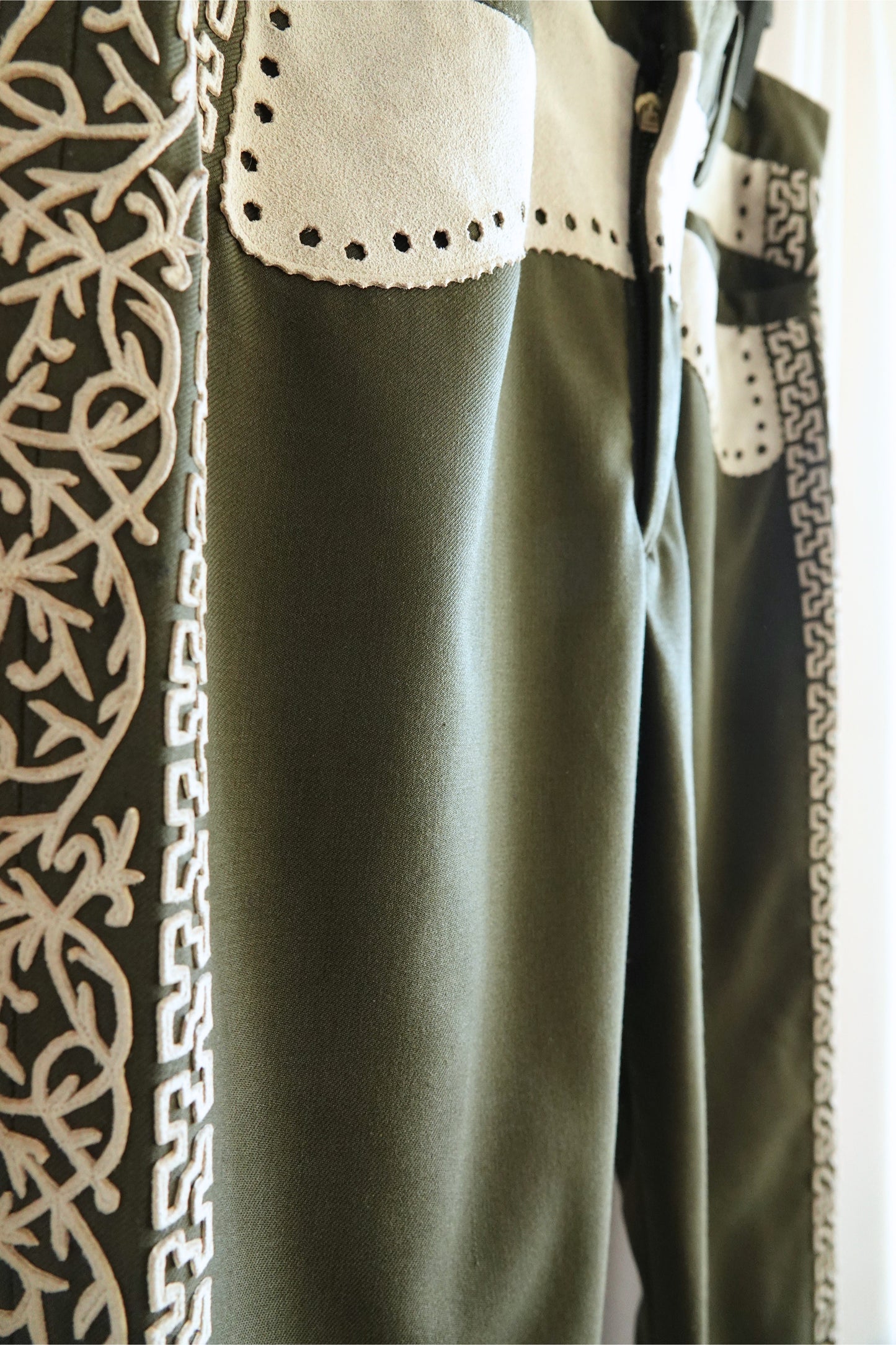 Vintage 1970s Olive Embroidered Flare Trousers with Suede Appliqué
