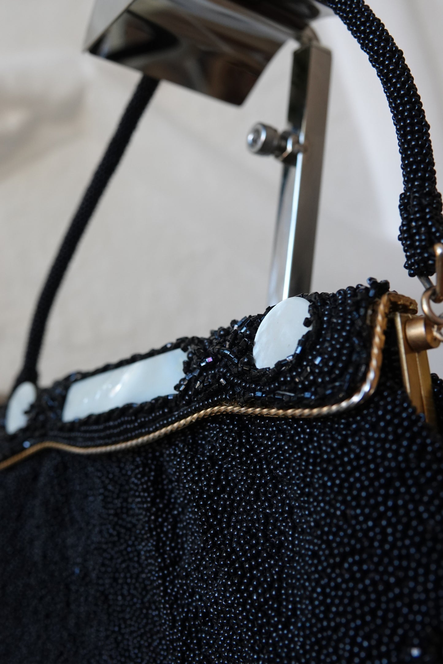 Vintage 1950s Black Seed Bead Evening Bag, Mother-of-Pearl Frame