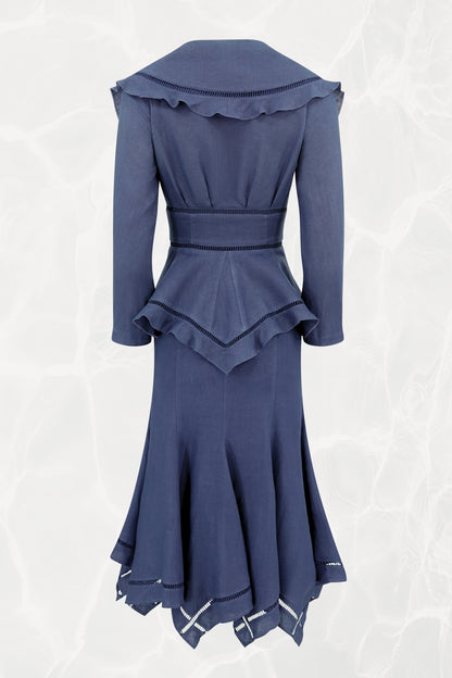 Thierry Mugler linen set, back view with ruffled collar and pointed peplum — Disco Palma