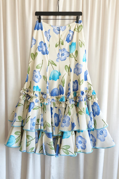 Late 1970s–Early 1980s Watercolor Floral Drop-Waist Tiered Crepe Maxi Skirt, YSL Rive Gauche Style