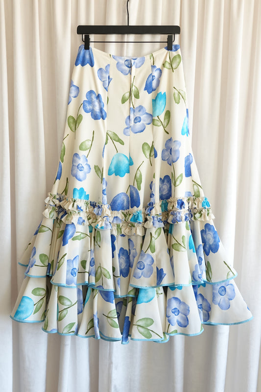 Late 1970s–Early 1980s Watercolor Floral Drop-Waist Tiered Crepe Maxi Skirt, YSL Rive Gauche Style
