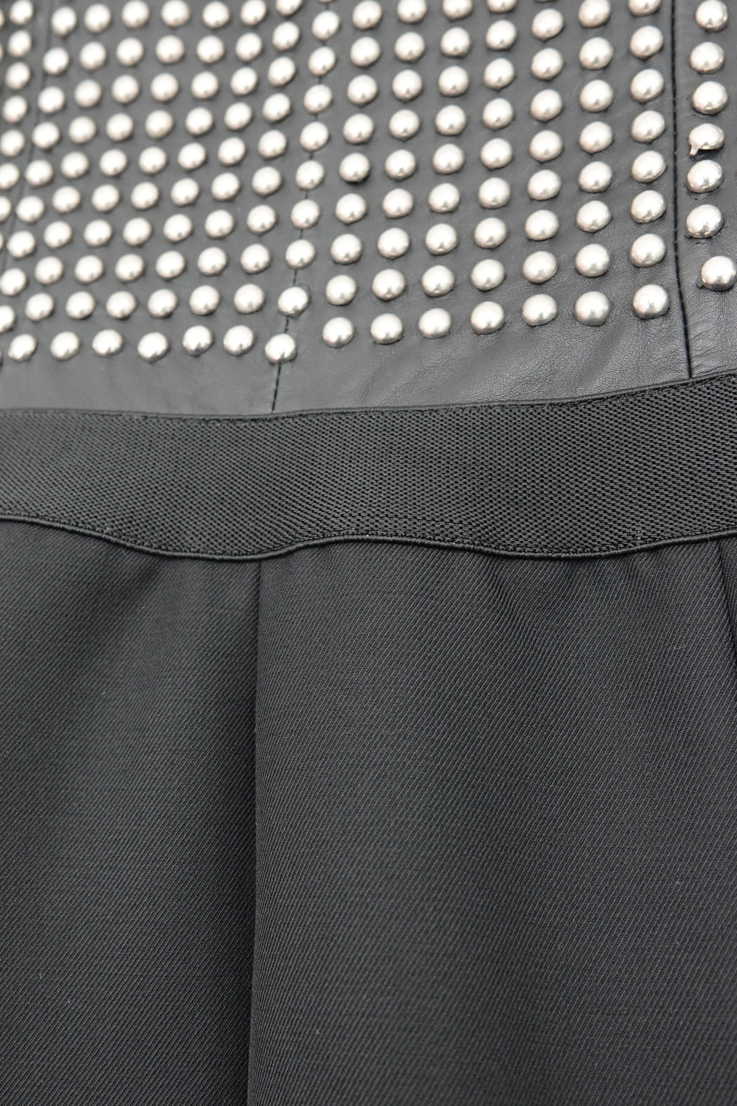 Loewe by Narciso Rodriguez AW01 studded leather dress: new with tags product view showing original Loewe tags attached, full metal-studded leather corset bodice with black silk twill paneled skirt, Made in Spain, AW2001