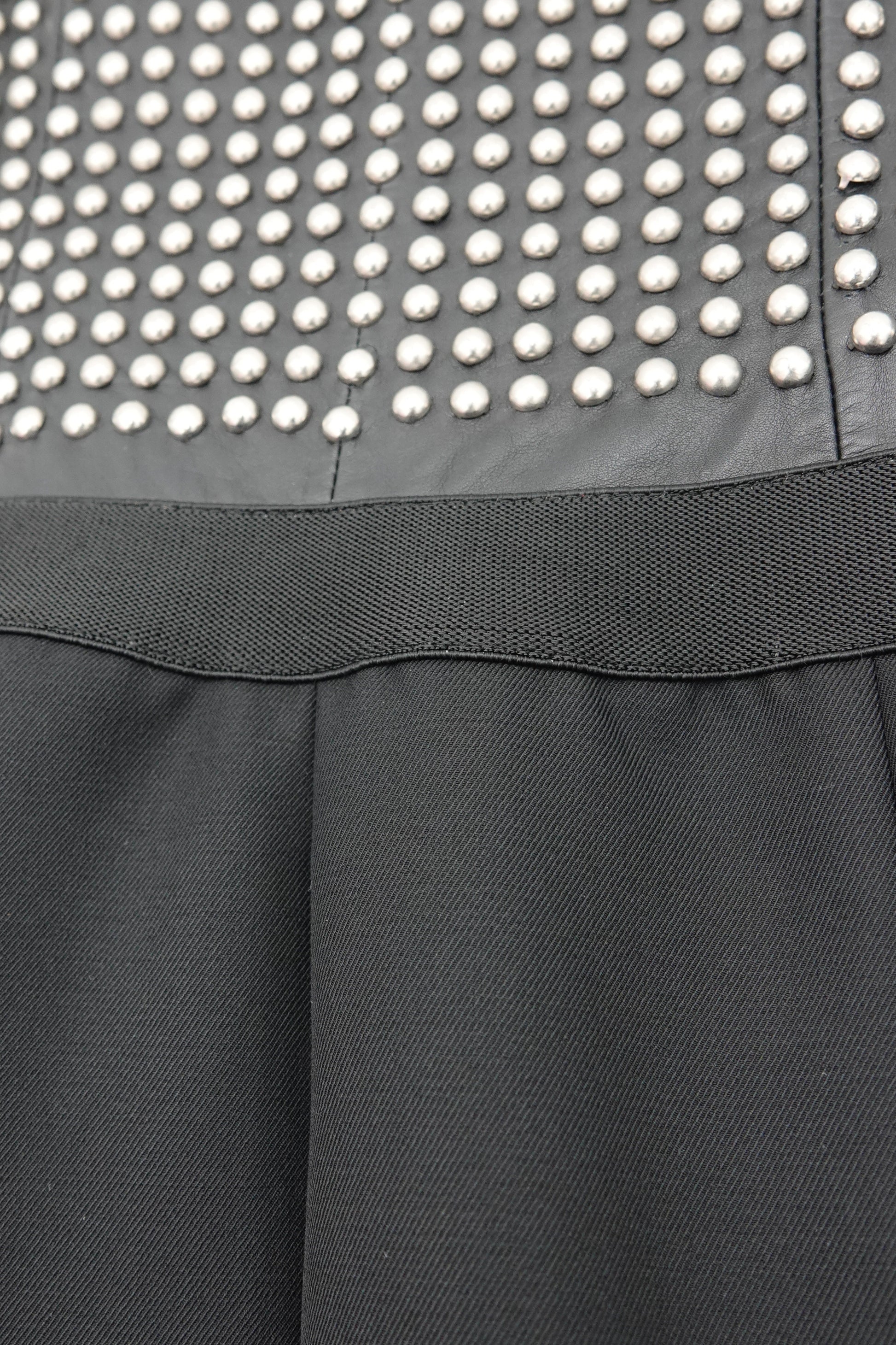 Loewe by Narciso Rodriguez AW01 studded leather dress: new with tags product view showing original Loewe tags attached, full metal-studded leather corset bodice with black silk twill paneled skirt, Made in Spain, AW2001