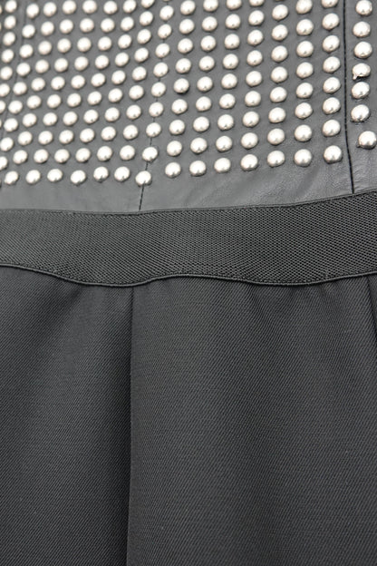 Loewe by Narciso Rodriguez AW01 studded leather dress: new with tags product view showing original Loewe tags attached, full metal-studded leather corset bodice with black silk twill paneled skirt, Made in Spain, AW2001