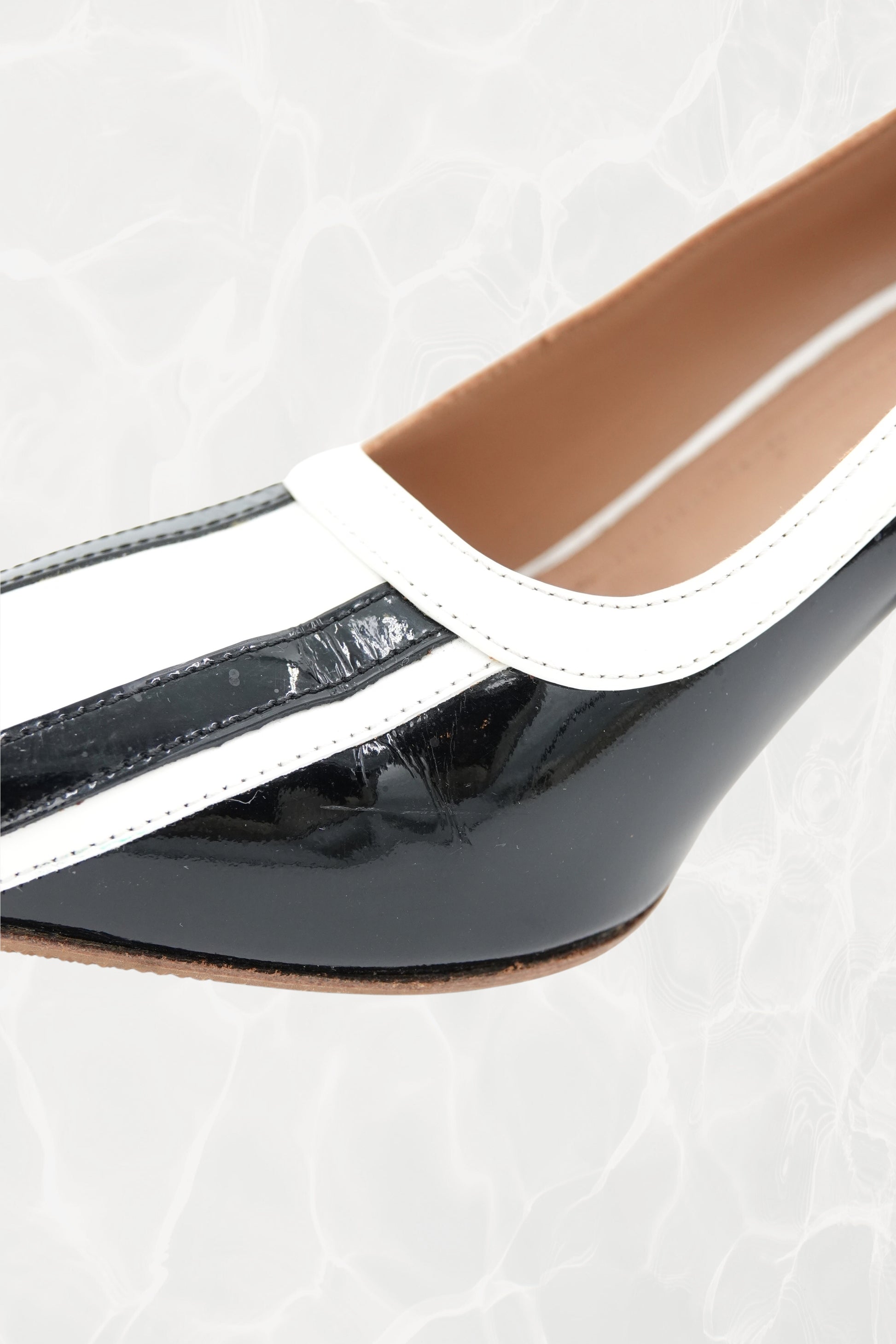 Black and White Stripe Patent Leather Pump, Chrome Block Heel
