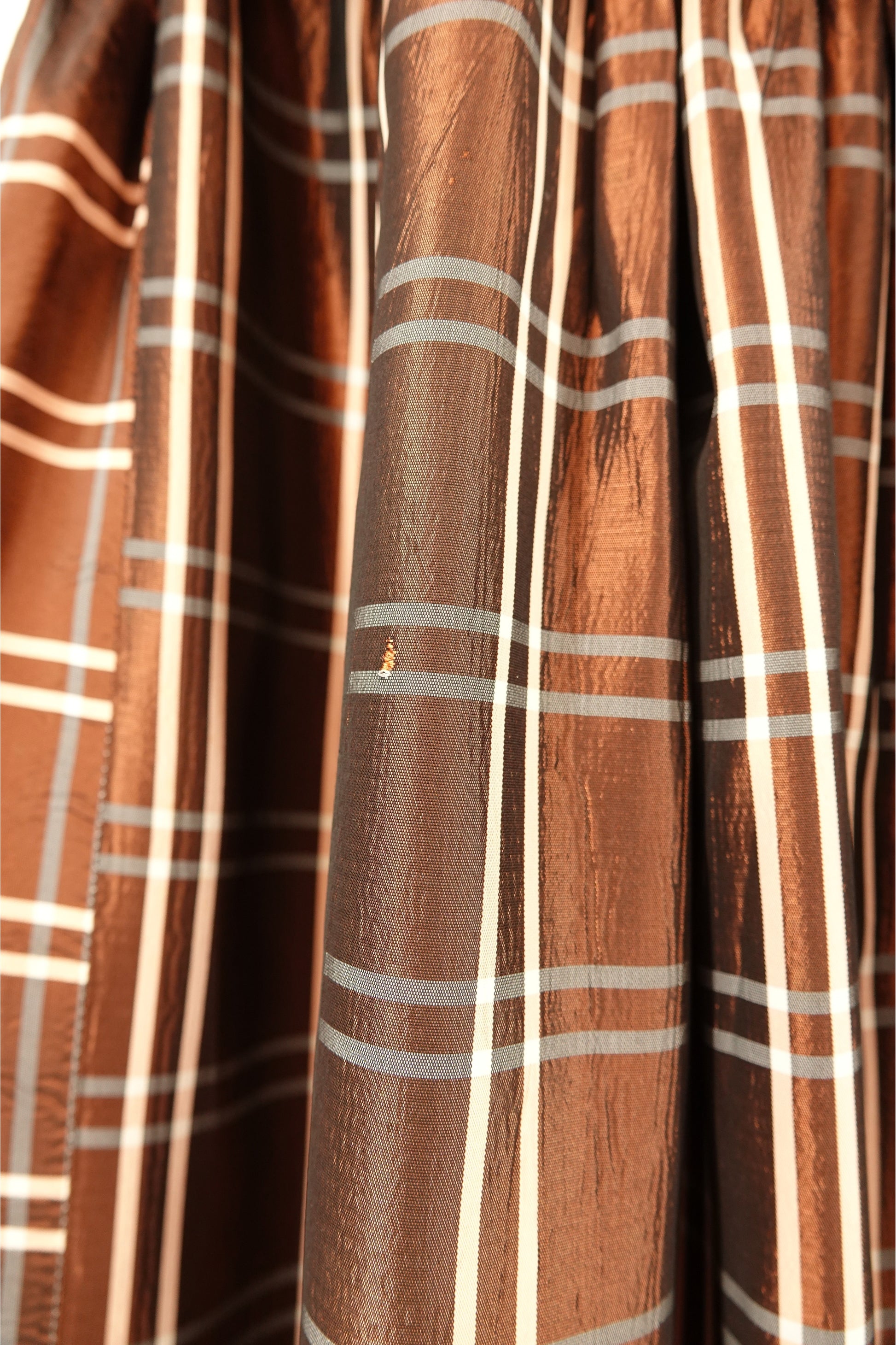 Party Lines by Domb 1940s brown plaid taffeta gown, bodice condition detail — Disco Palma