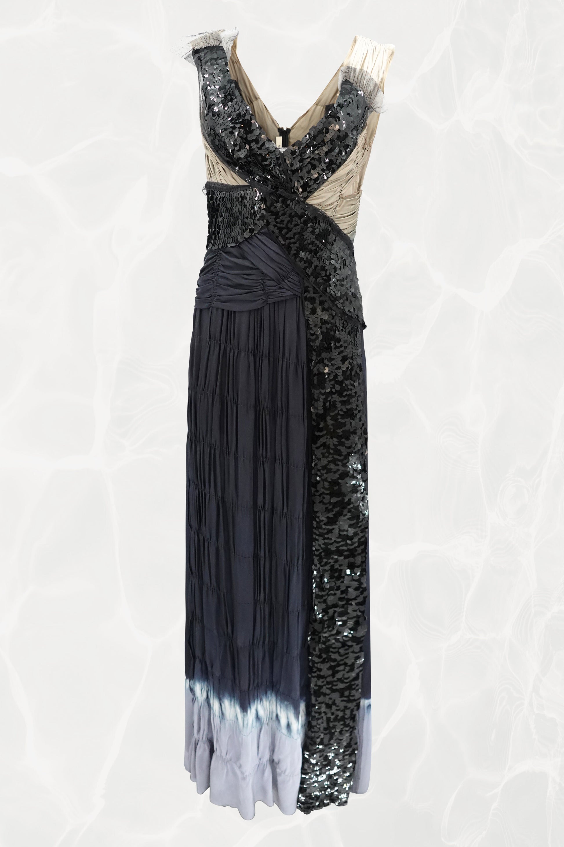 SS04 Asymmetric Silk  Navy Evening Gown with Sequin Wrap Panel