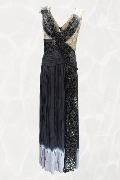 SS04 Asymmetric Silk  Navy Evening Gown with Sequin Wrap Panel
