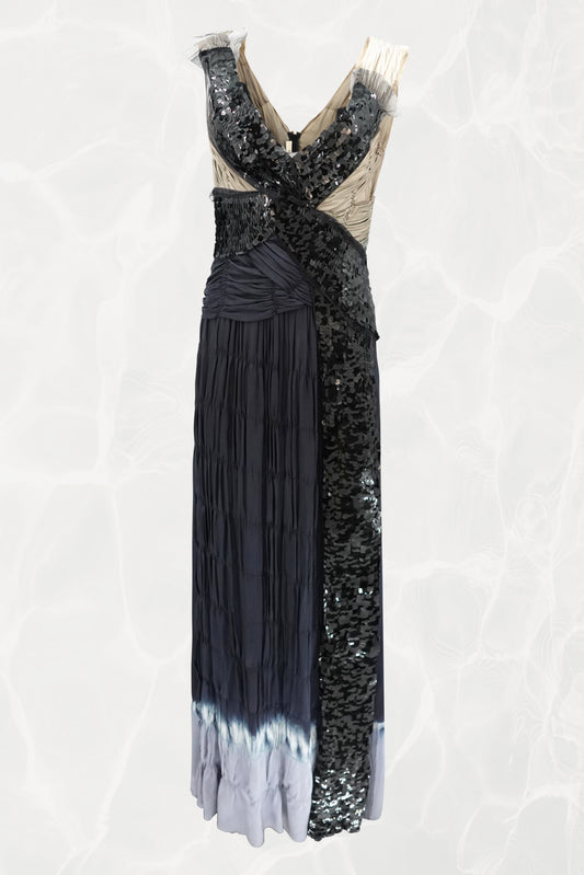 SS04 Asymmetric Silk  Navy Evening Gown with Sequin Wrap Panel
