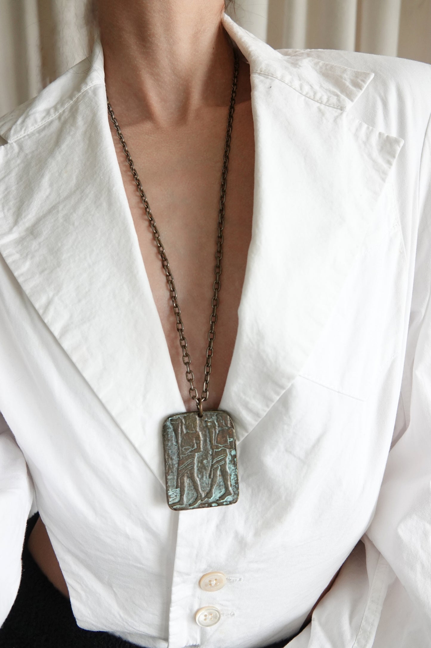 Vintage 1970s Greek Revival Bronze Relief Pendant Necklace
