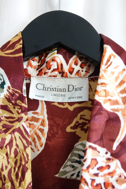 Christian Dior Lingerie autumn leaf print robe, label close-up — Disco Palma