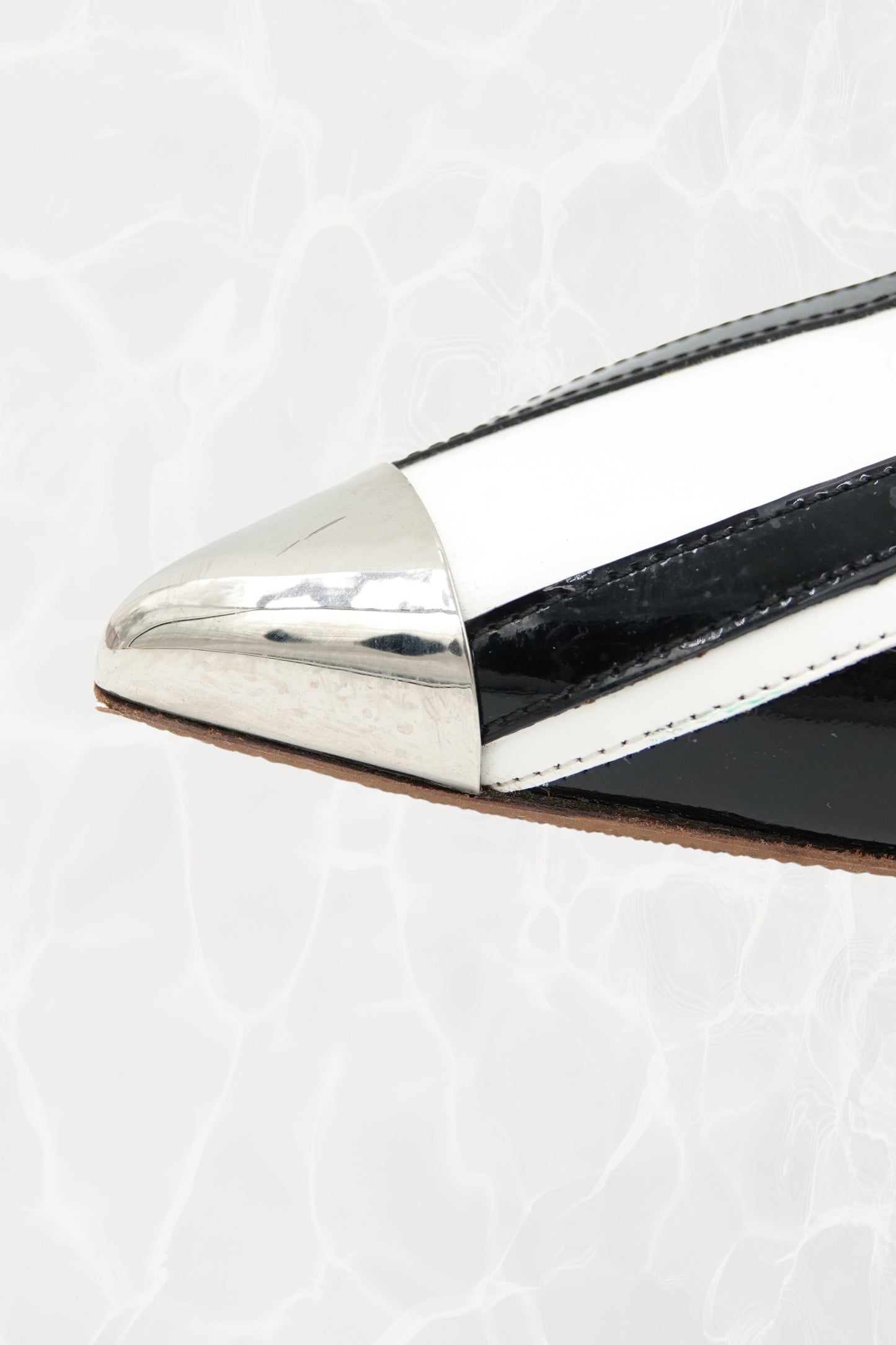 Black and White Stripe Patent Leather Pump, Chrome Block Heel