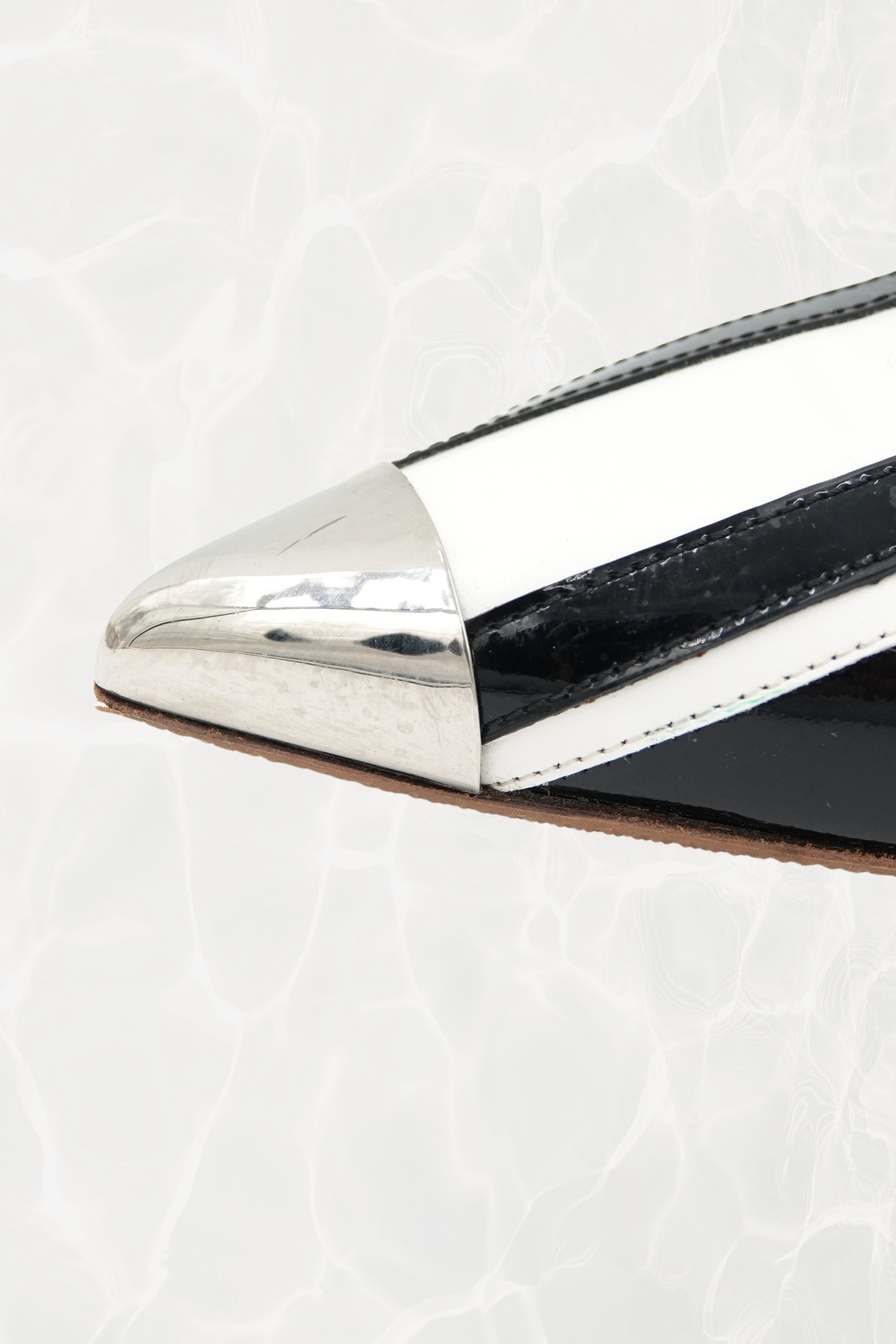 Black and White Stripe Patent Leather Pump, Chrome Block Heel