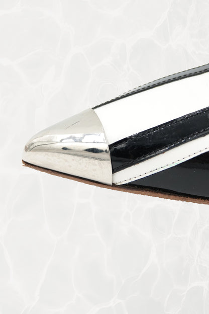 Black and White Stripe Patent Leather Pump, Chrome Block Heel