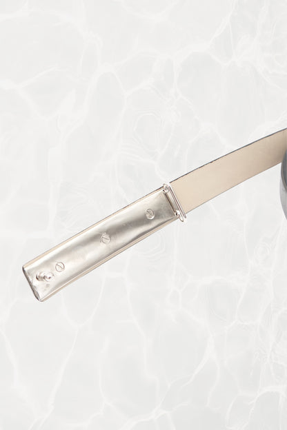 Pewter Leather Thin Belt with Silver Logo Plate
